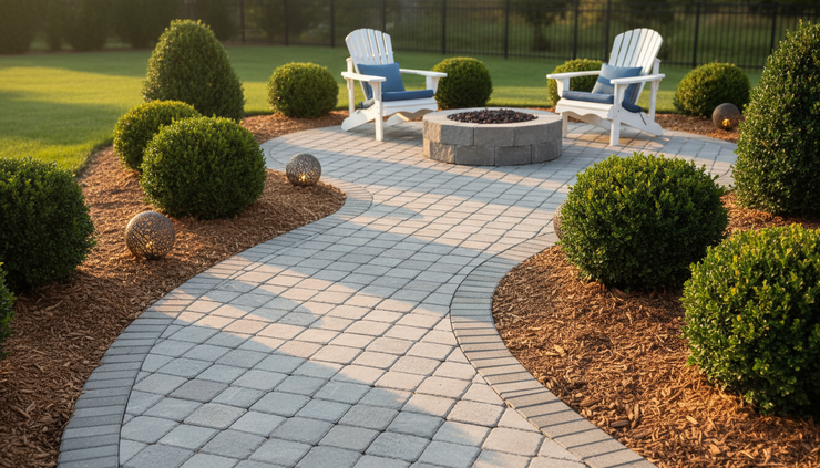 Close-up view of patio pavers leading toward a backyard seating area