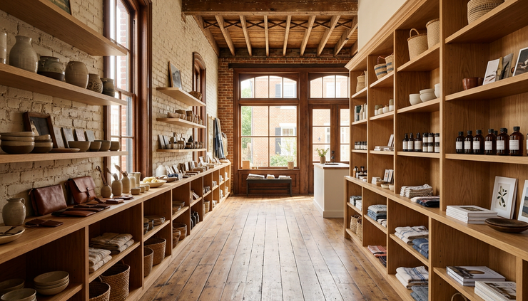 Eye-level view of a compact retail space with open walking paths and built-in shelving