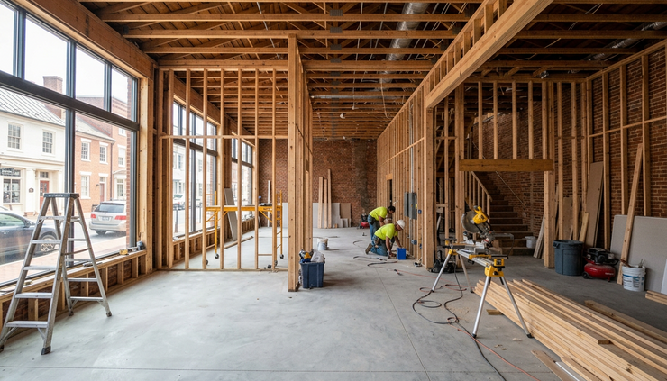 Wide-angle view of an unfinished commercial interior in a small Virginia storefront