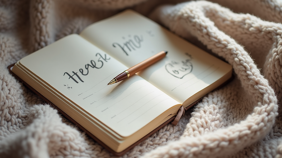 High angle view of a gratitude journal with a pen on a cozy blanket