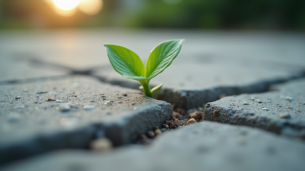 Close-up view of a small plant growing through cracks in concrete
