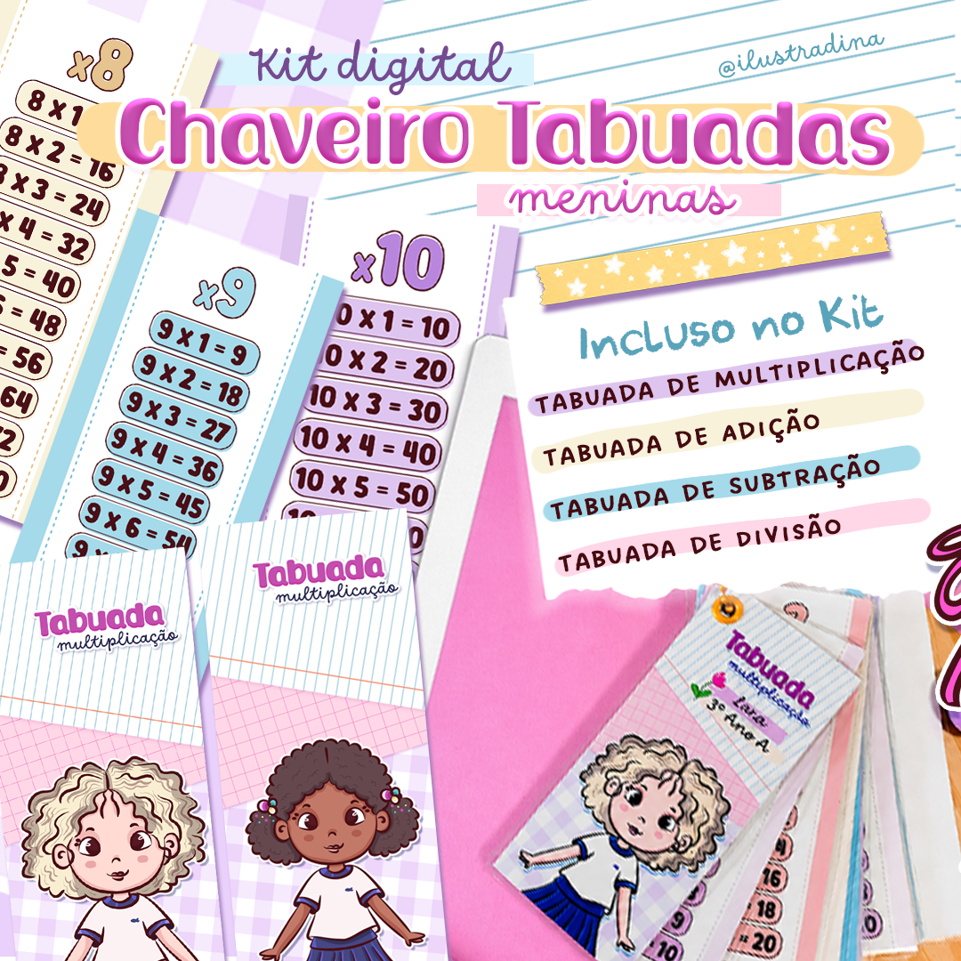 Tabuada para Imprimir PDF Infantil - Kit Digital Chaveiro Educativo