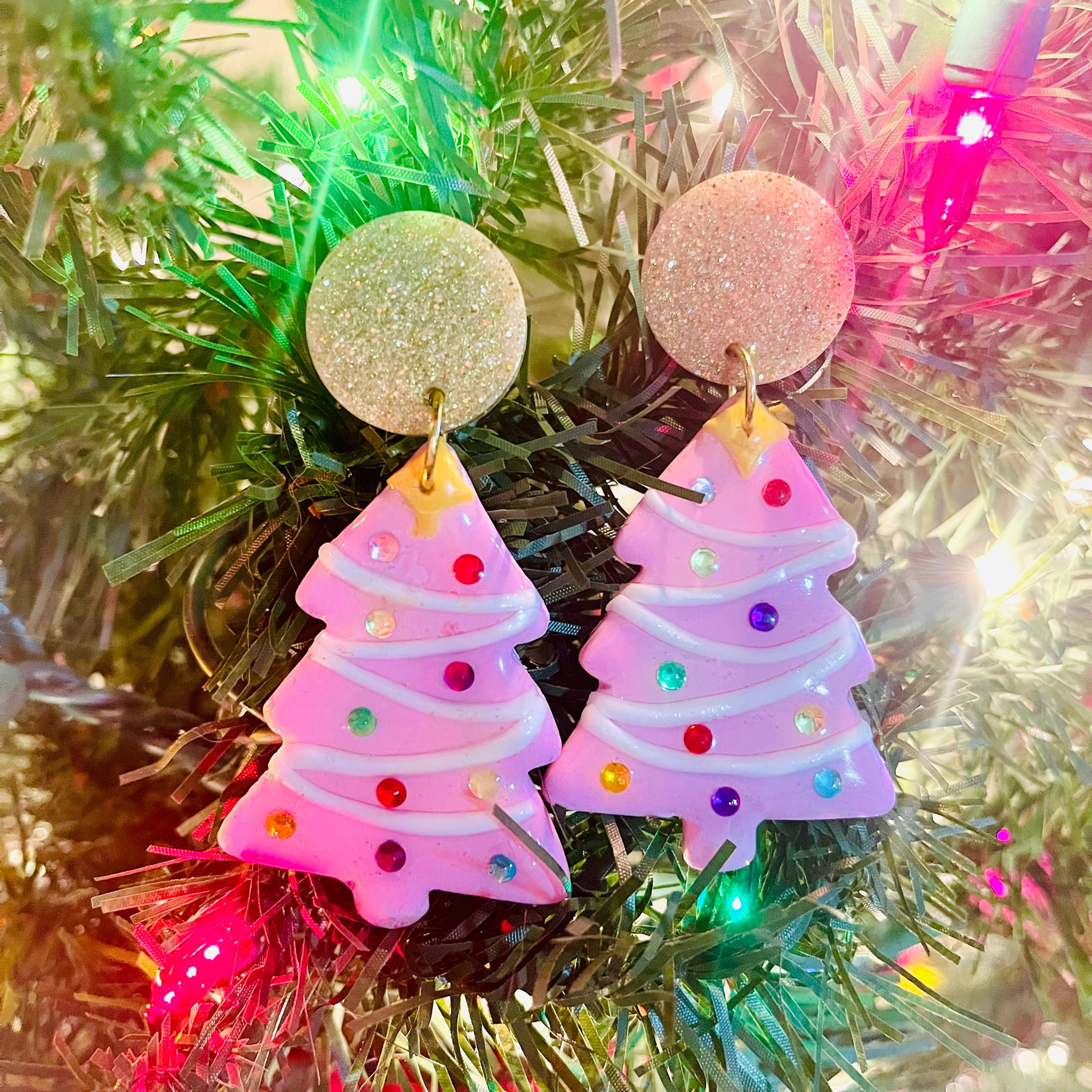 Pink Christmas Tree Earrings