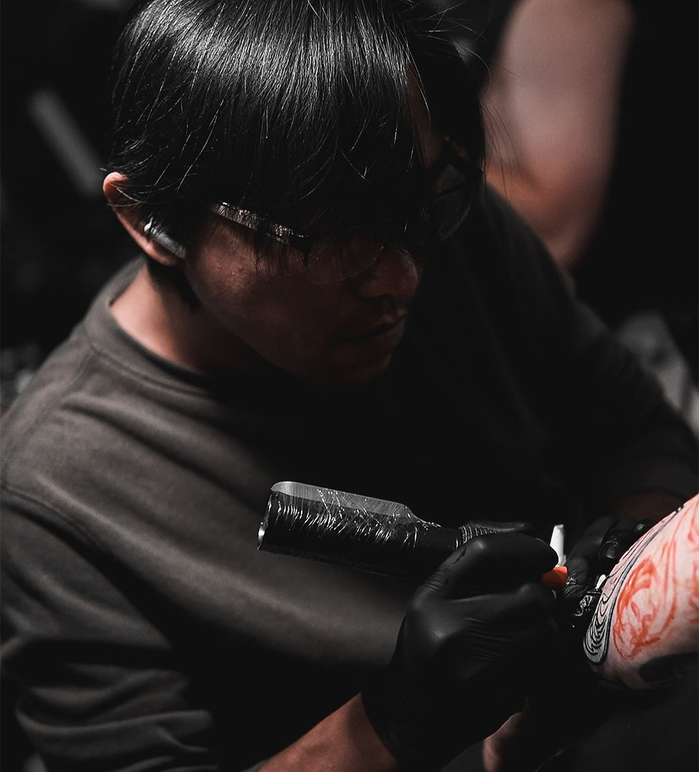 Eye-level view of tattoo artist’s studio with clean equipment