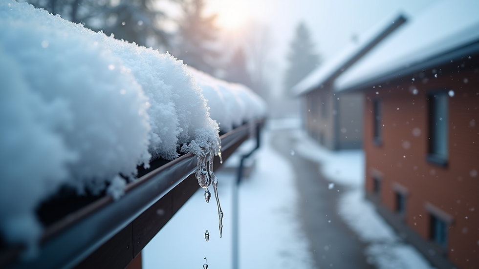 High angle view of snow melting off a clean eavestrough in winter
