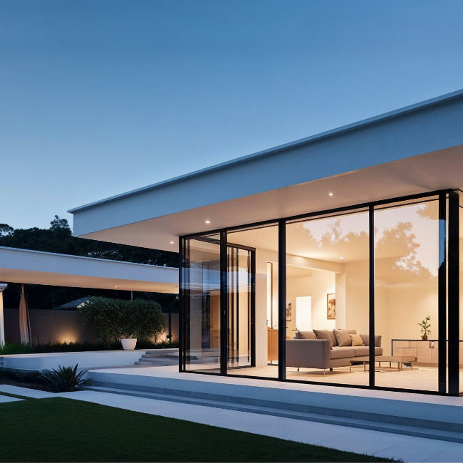 Modern one-story home at dusk with floor-to-ceiling glass walls showing a lit living room, lawn, and minimalist landscaping