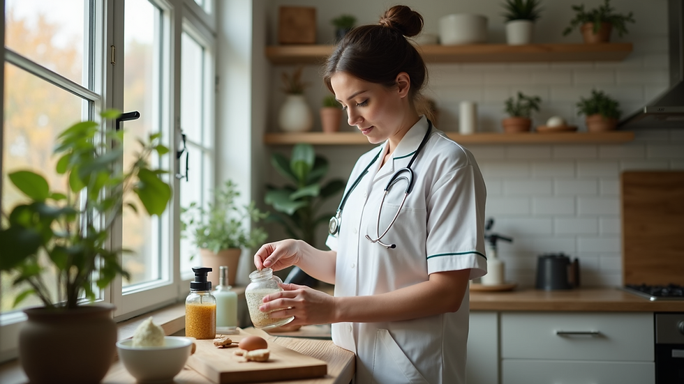 High angle view of a nurse preparing holistic health supplies in a cozy home setting