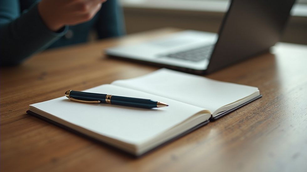Close-up view of a notebook and pen on a wooden table during a coaching session