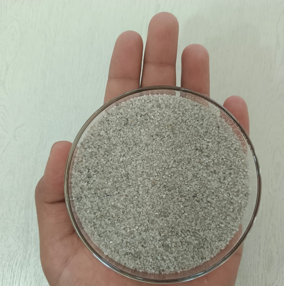 Hand holding a petri dish filled with silica sand