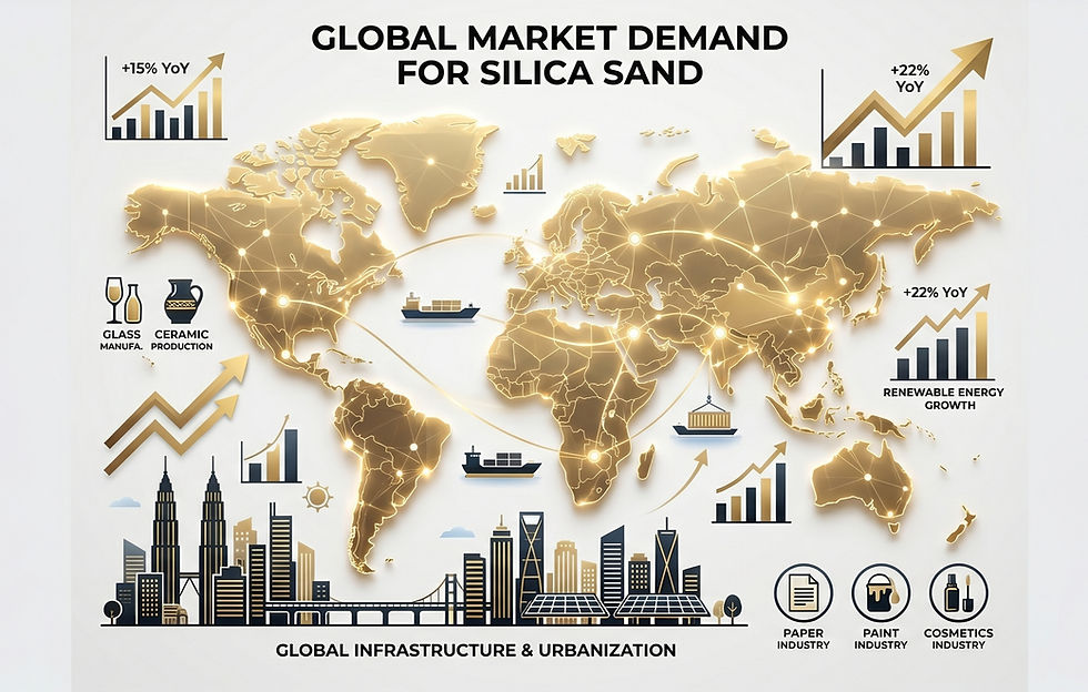 World map highlighting silica sand demand. Includes charts, icons for industries, and text on growth and infrastructure. Golden theme.