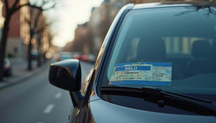 Vista frontal de carro estacionado em rua urbana com placa de seguro visível