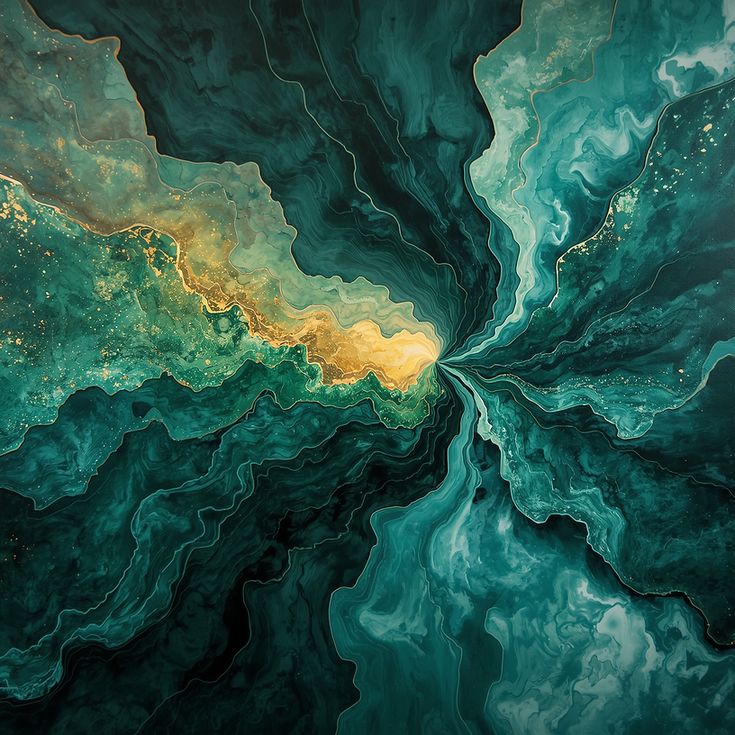 Abstract artwork featuring layered emerald and gold textures, symbolising leadership growth, clarity and transformation.