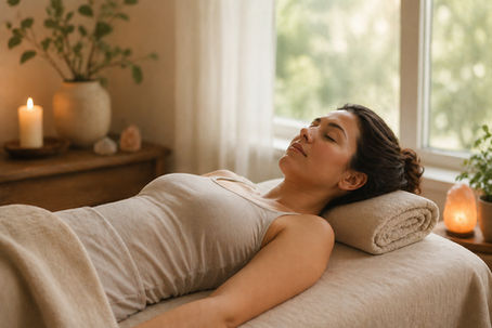 A calm, softly lit space invites deep rest as a woman relaxes comfortably—reflecting the gentle, supportive approach of evidence-based care in early pregnancy.