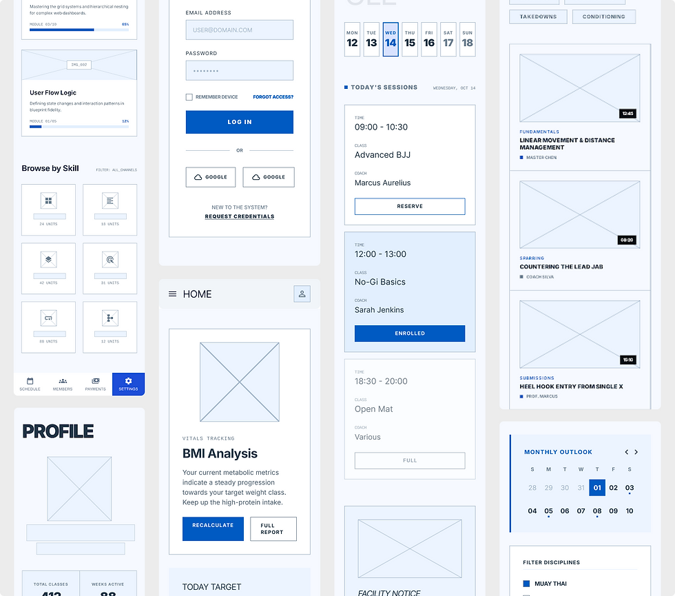 Early wireframe exploration used to test layout, hierarchy, and task flow clarity.