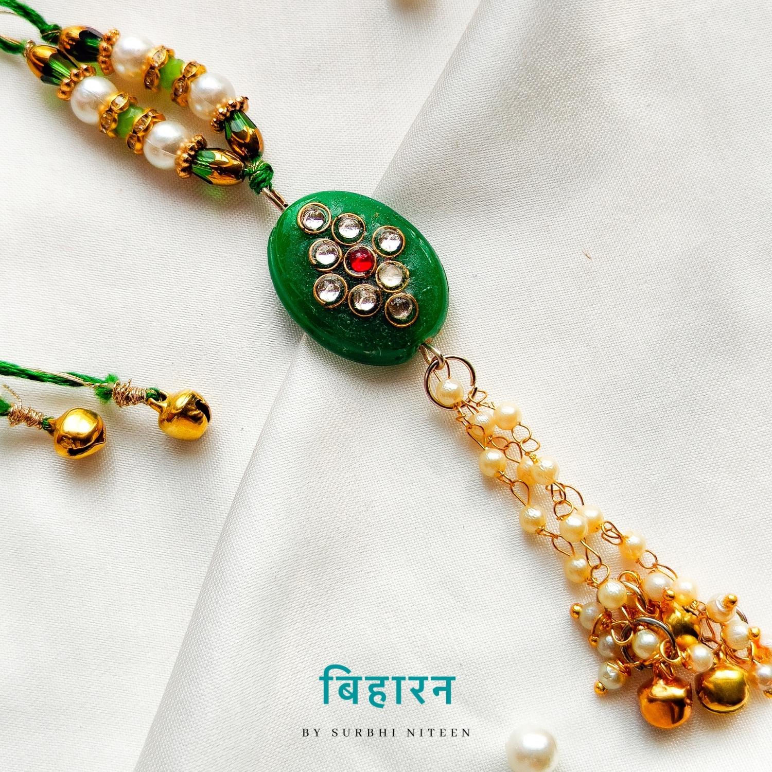 Green Kundan Work Fancy Rakhi - For Bhabhi/Sister