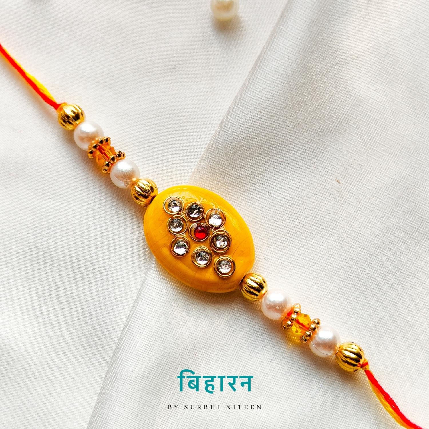 Yellow Kundan Work Fancy Rakhi - For Bhaiya