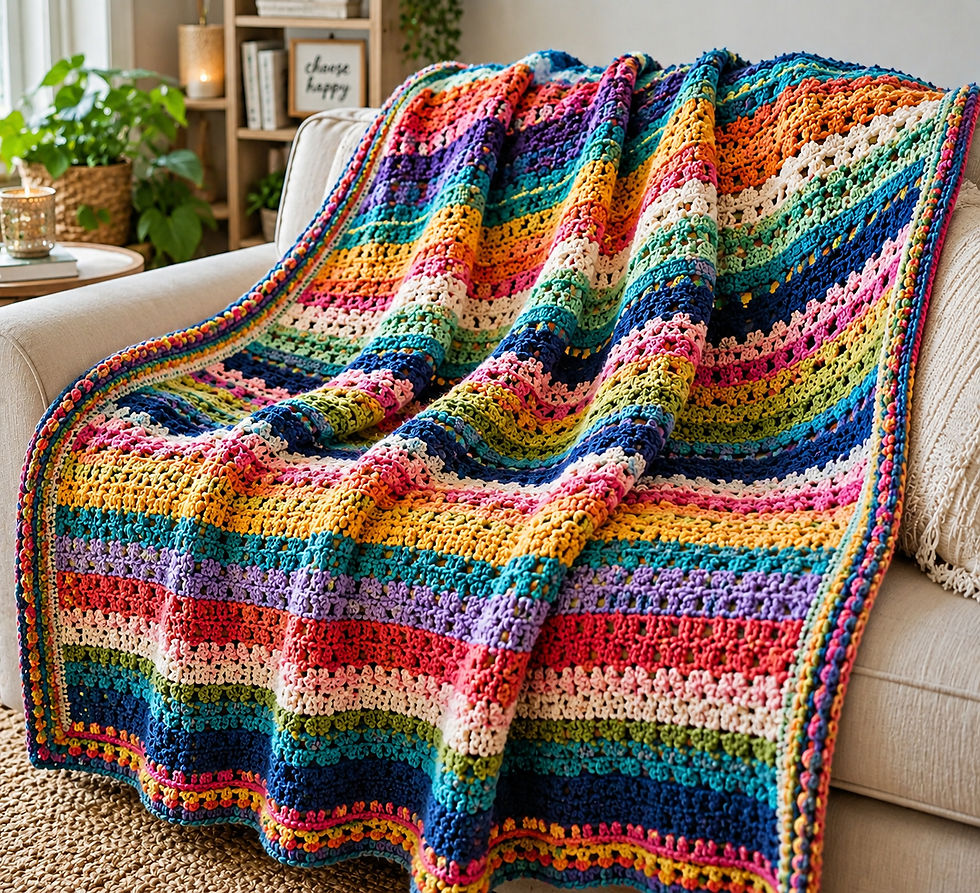 Colorful striped crocheted blanket draped over a light couch in a cozy living room
