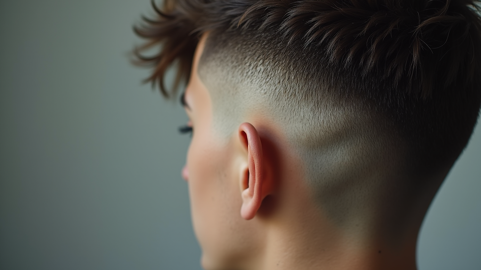 Close-up view of a modern fade haircut with textured top