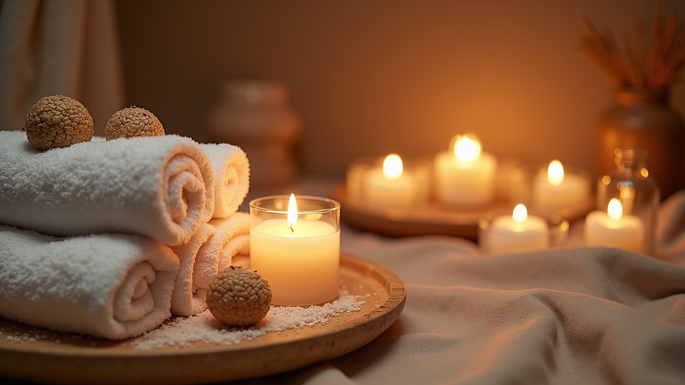 High angle view of a cozy home spa setup with candles and towels