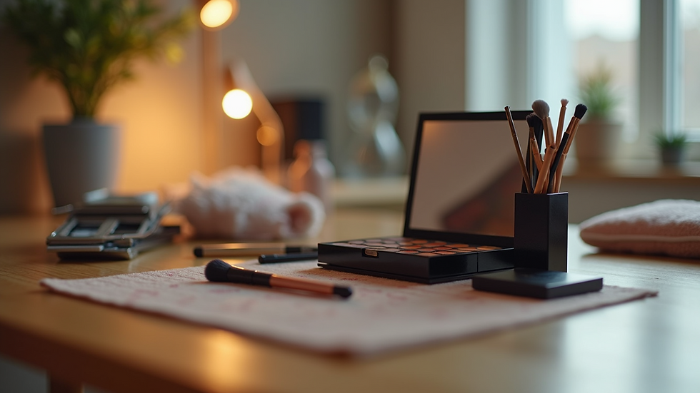 Eye-level view of a modern beauty kit arranged neatly on a wooden table
