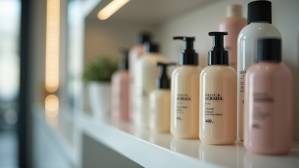 Close-up view of keratin hair treatment products on a salon shelf