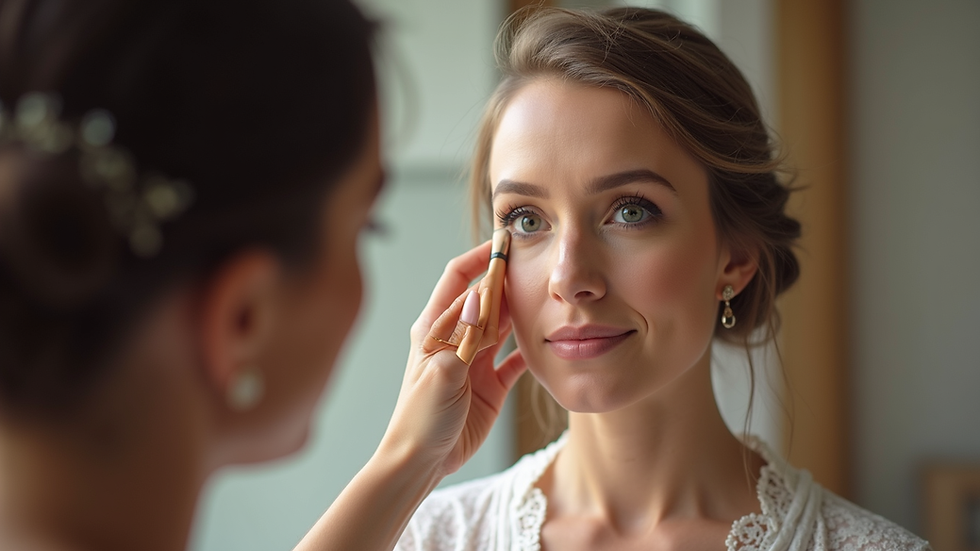 Eye-level view of a bridal makeup artist applying foundation to a bride