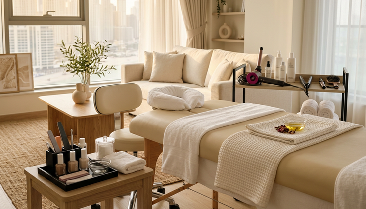 Wide-angle view of a calm beauty setup in a Dubai apartment living room