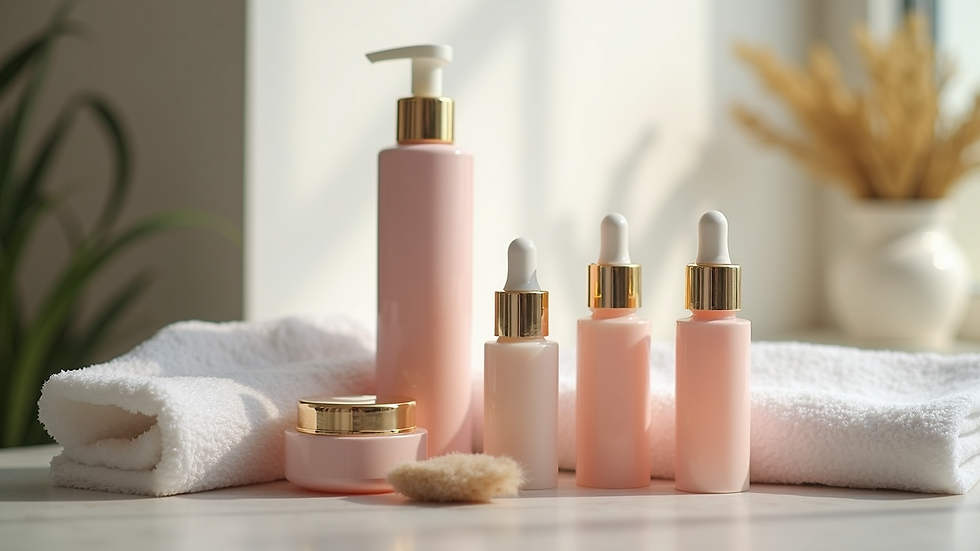 Close-up view of professional beauty products arranged for a home salon treatment