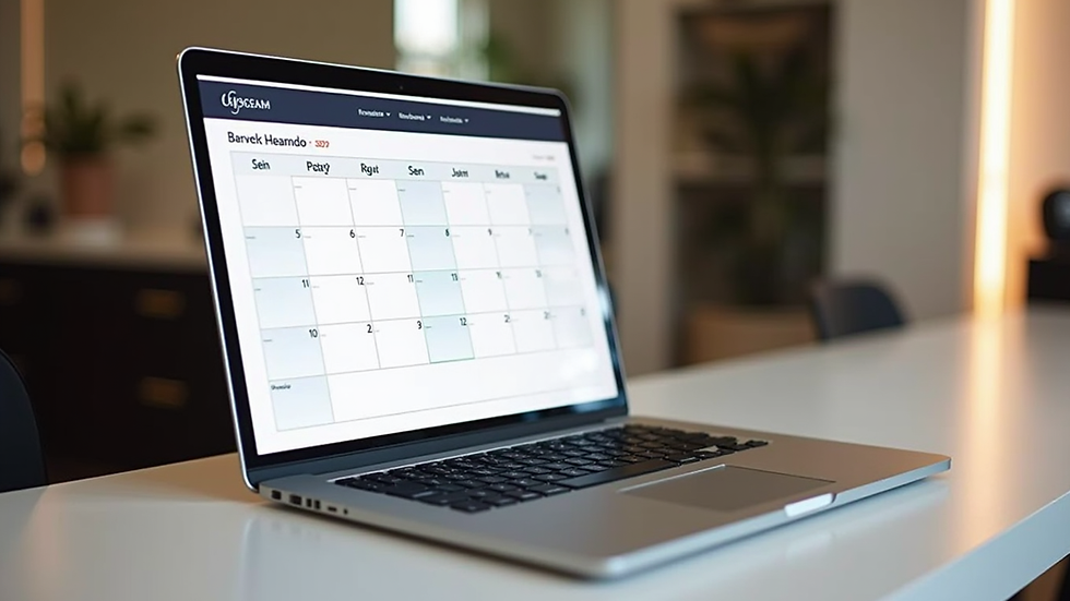 Eye-level view of a laptop screen showing an online salon booking calendar