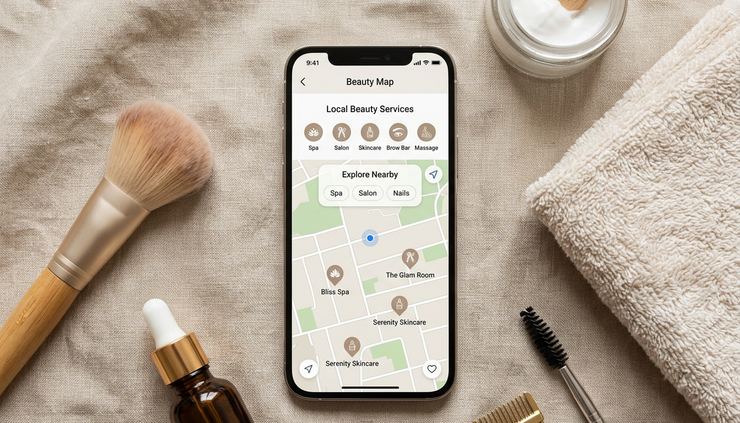 Overhead view of a smartphone showing a beauty service map beside makeup tools