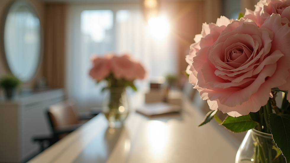 Close-up view of a beauty salon reception desk with appointment book and flowers