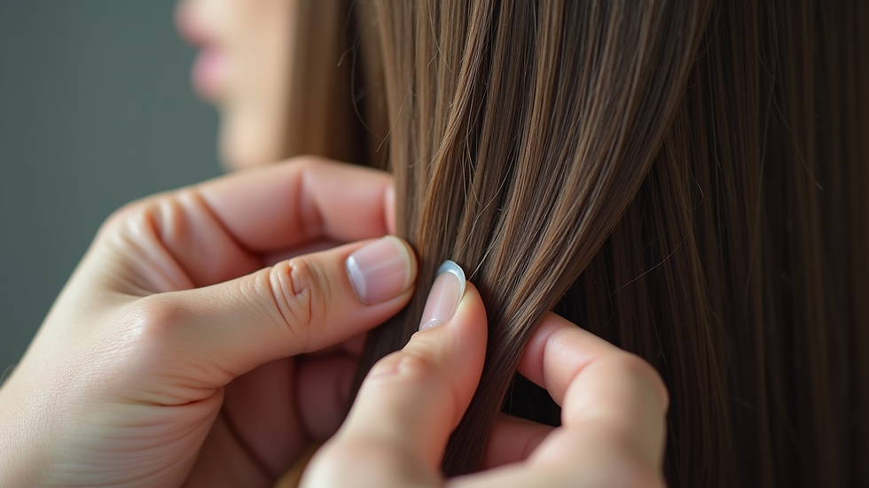 Close-up view of tape-in hair extensions being applied