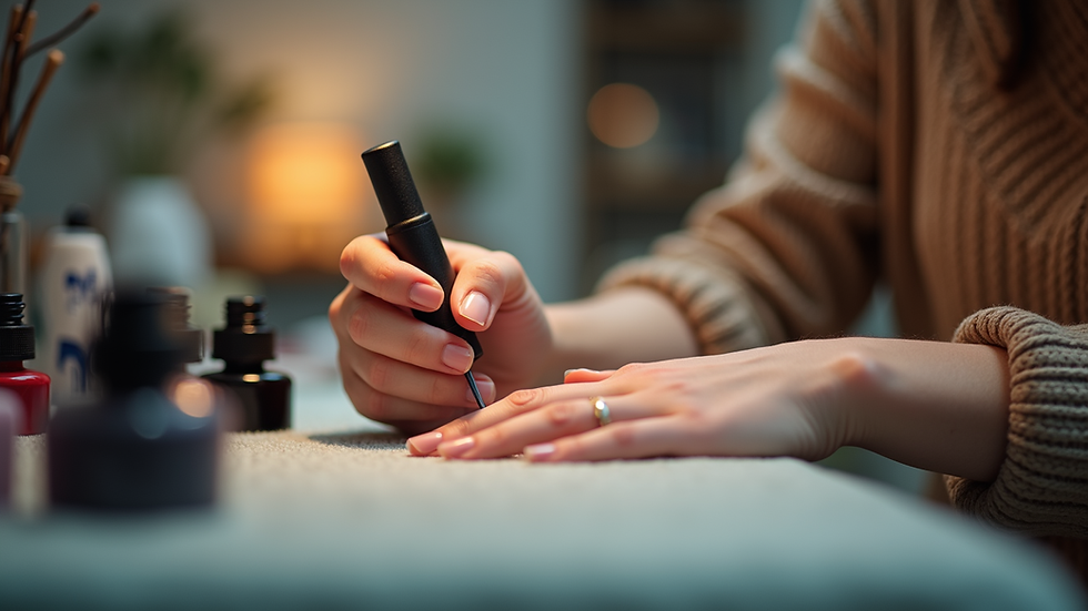 Close-up view of a nail technician applying polish in a cozy home setting