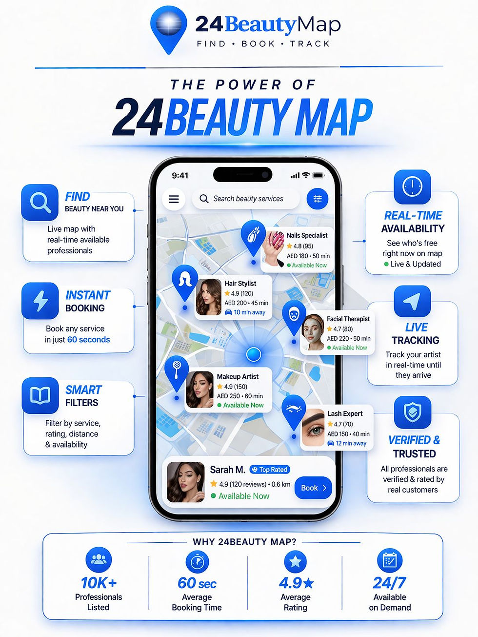 Eye-level view of a digital map showing beauty service locations in a city