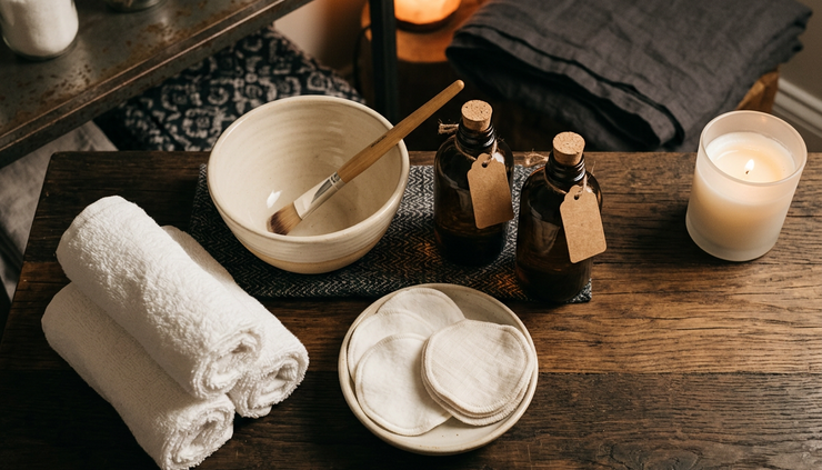 Overhead view of facial treatment products beside soft towels in a quiet salon room