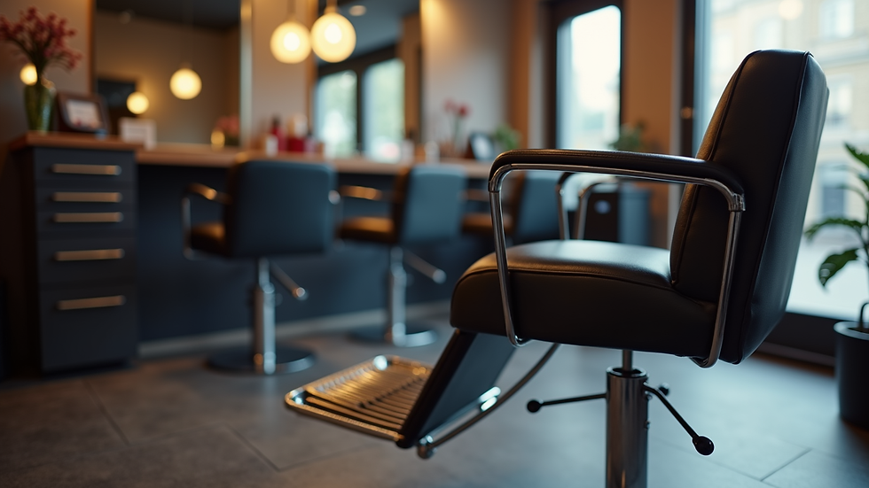 Close-up view of a stylish salon chair and hair styling tools