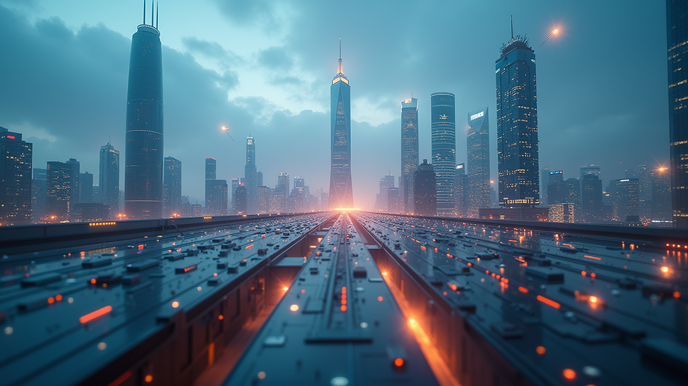 Eye-level view of a futuristic city skyline with advanced technology
