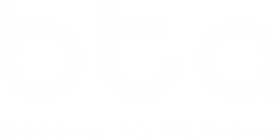 White logo: bta, Believe To Achieve on black background, company branding.