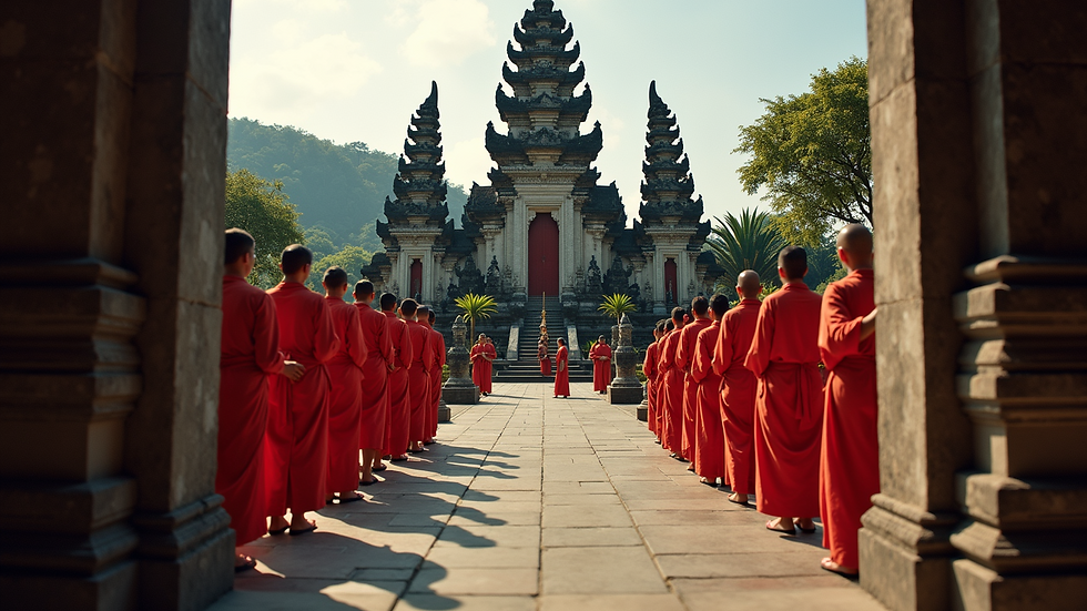 Eye-level view of a traditional Balinese temple during a ceremony
