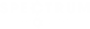 White Spectrum Works text logo on black background for branding purposes.