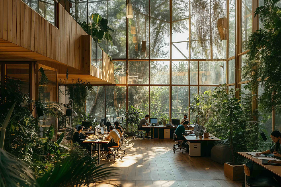 A serene and inviting workspace bathed in natural light surrounded by lush greenery, designed to enhance daily productivity and well-being.
