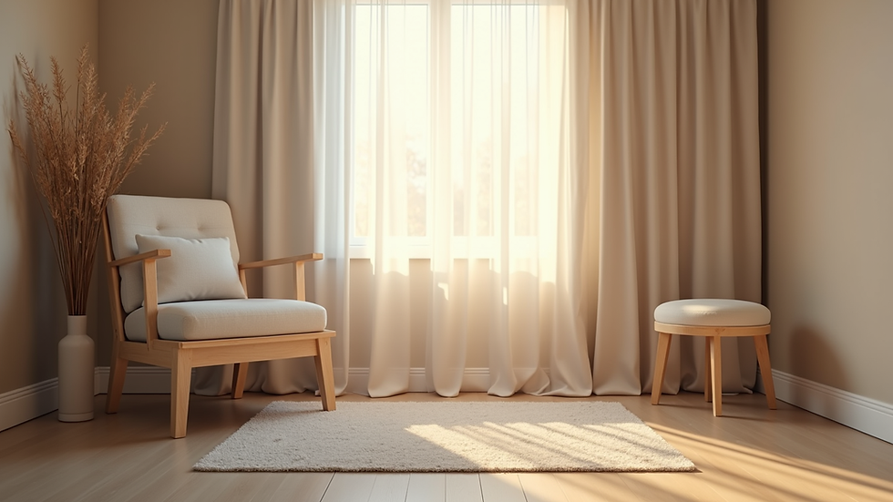 Eye-level view of a calm therapy room with a comfortable chair and soft lighting