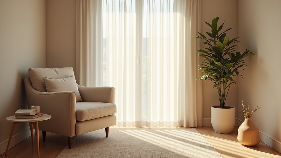 Eye-level view of a calm therapy room with a comfortable chair and soft lighting
