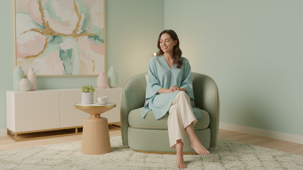 Eye-level view of a calm therapy room with a comfortable chair and soft lighting