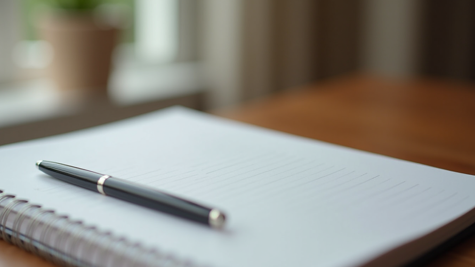 Close-up view of a notebook and pen on a wooden table, ready for hypnotherapy session notes