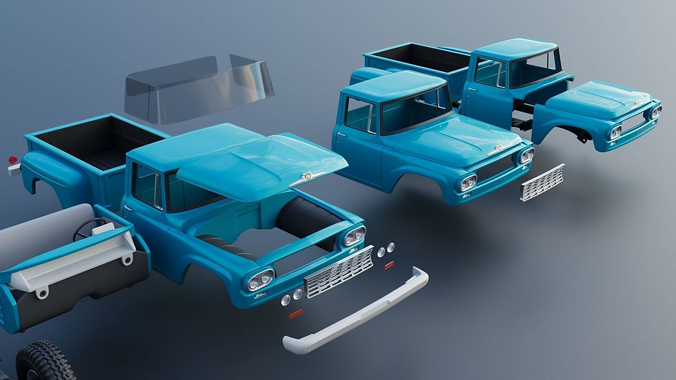 Miniatura: Camioneta International C120 de 1962, con volante a la derecha o a la izquierda, kit de modelo completo impreso en 3D, vista frontal y trasera.