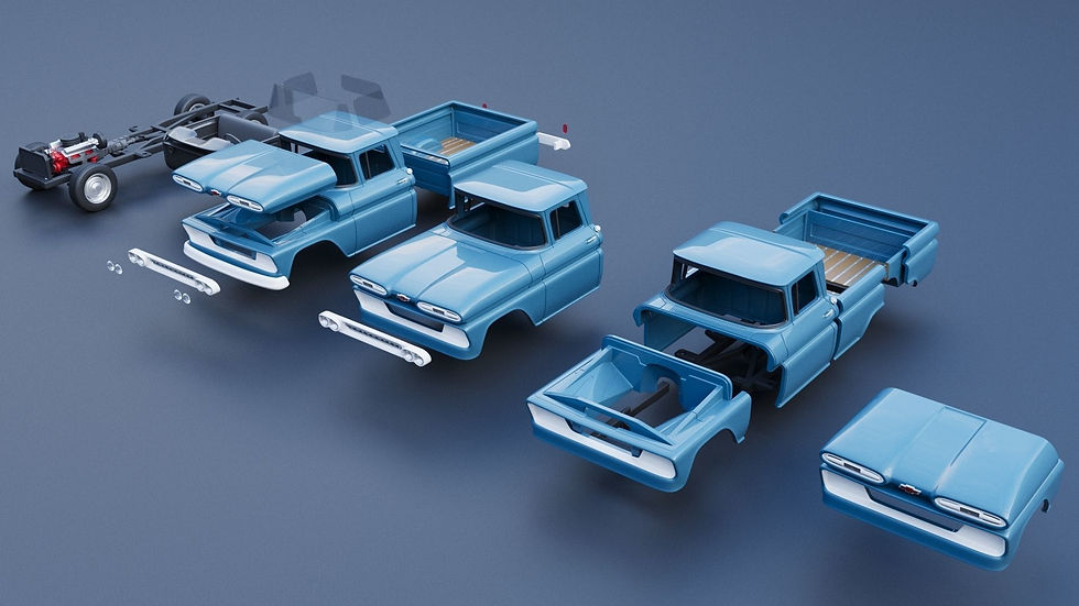 Miniatura: Chevrolet C10 PickUp Ute 1961 con volante a la derecha o a la izquierda, kit de modelo completo impreso en 3D, vista frontal y trasera.
