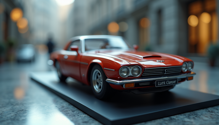 Close-up view of a highly detailed 3D printed model car on a display stand