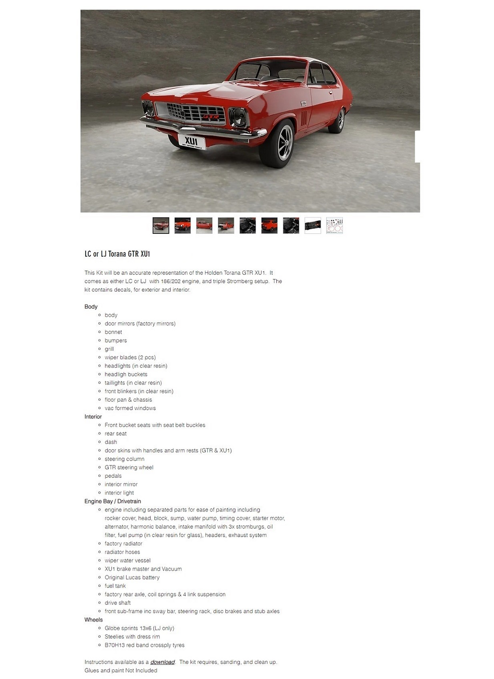 サムネイル： LCまたはLJ Torana GTR XU1 - ファクトリー - 3Dレジンプリントモデルキット 1/25スケール - FB