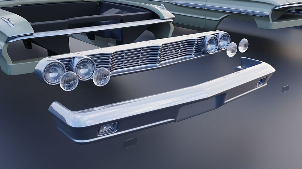 Miniatura: Ford Country Station Wagon con volante a la derecha o a la izquierda: kit de modelo completo impreso en 3D, vista frontal y trasera.